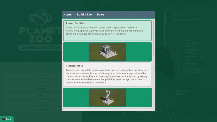 Planet Zoo: Console Edition - Power hint screen